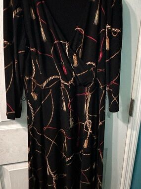 Ralph Lauren Black Midi Dress with Gold Rope and Red Tassel Motif
